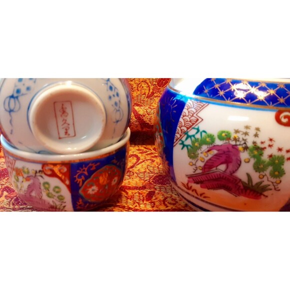 Vintage Japanese Asian Imari Blue White Purple Green Gold Teapot Teacups Set - Picture 2 of 10